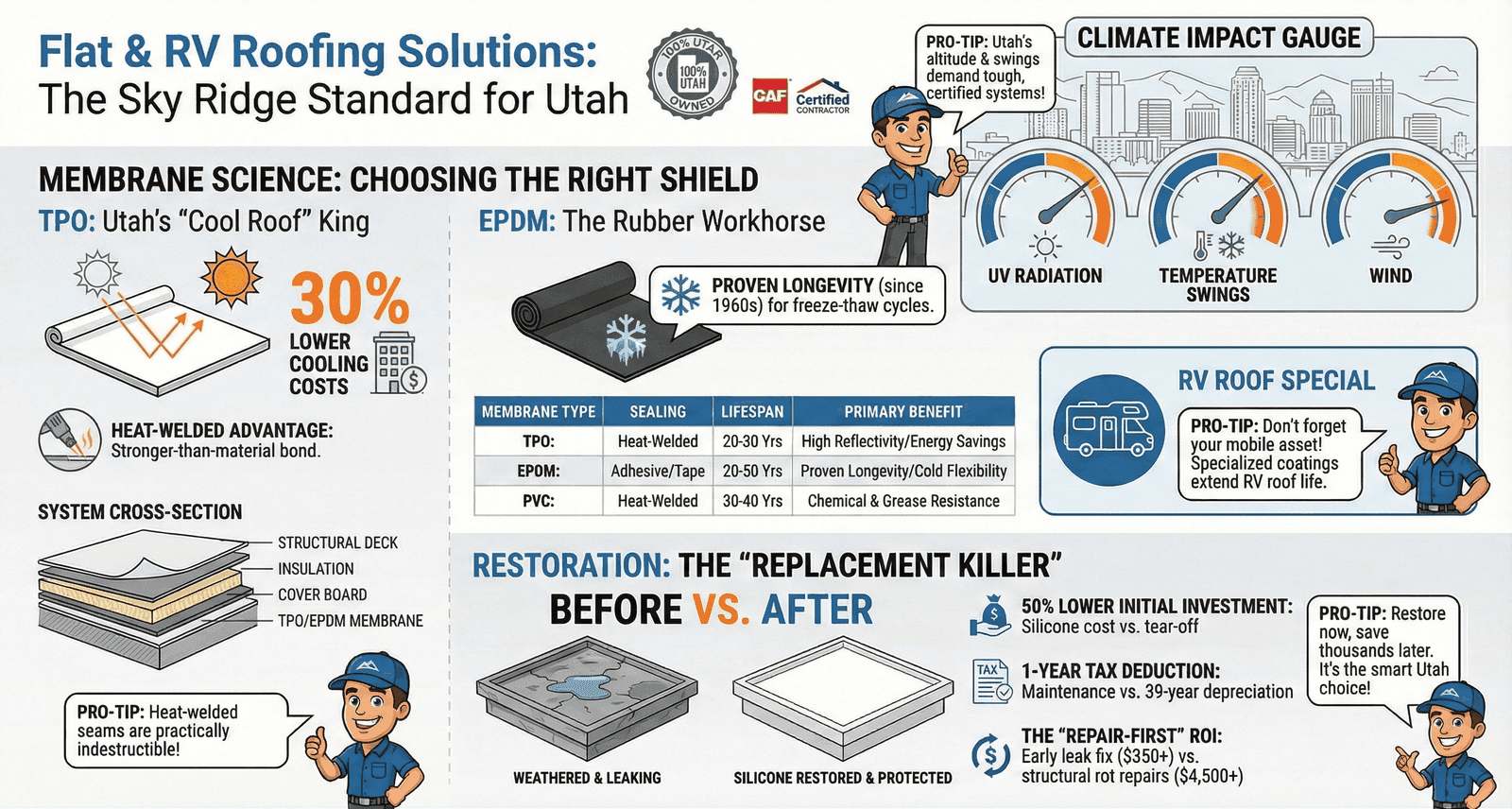 Flat roof diagram explaining drainage, insulation, and low-slope replacement components
