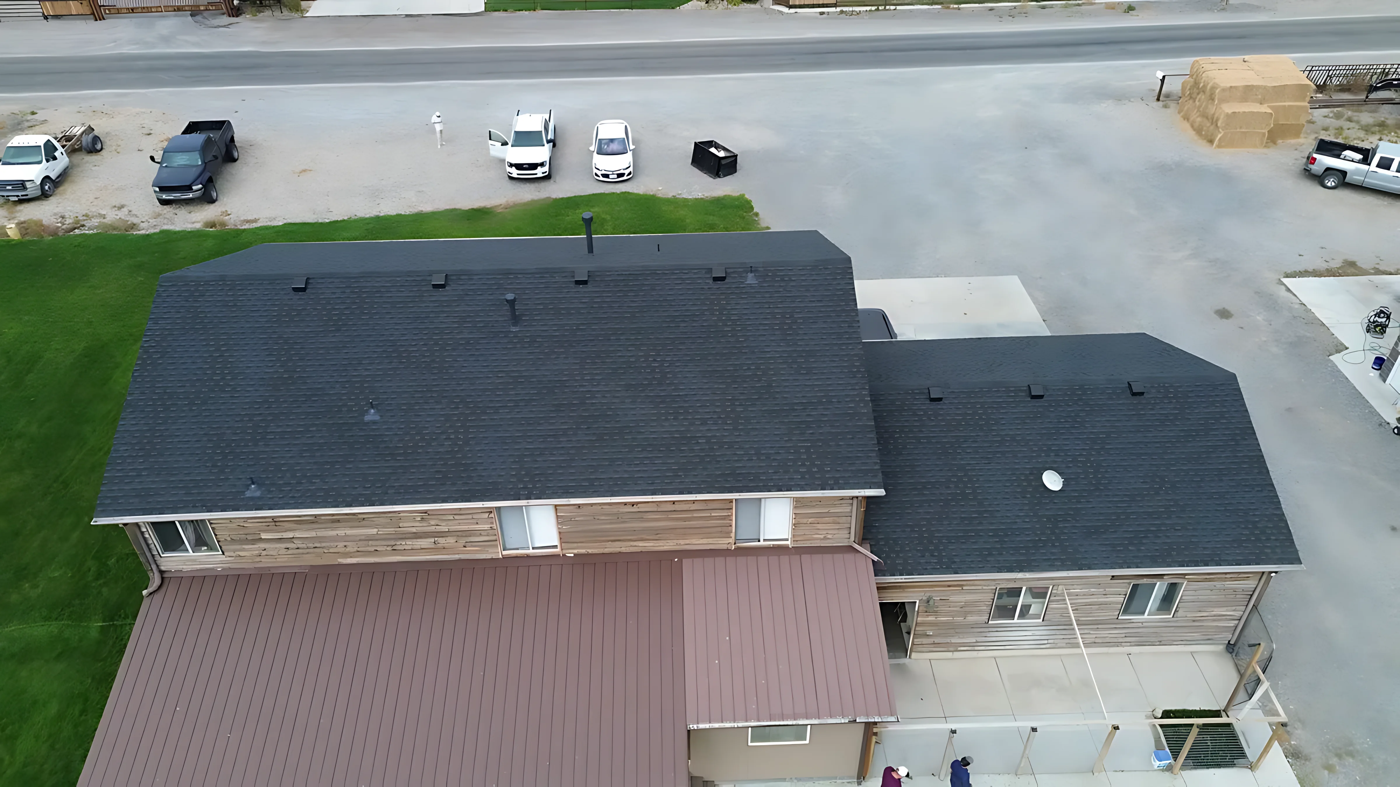 Aerial drone view of a professional architectural shingle installation in Utah