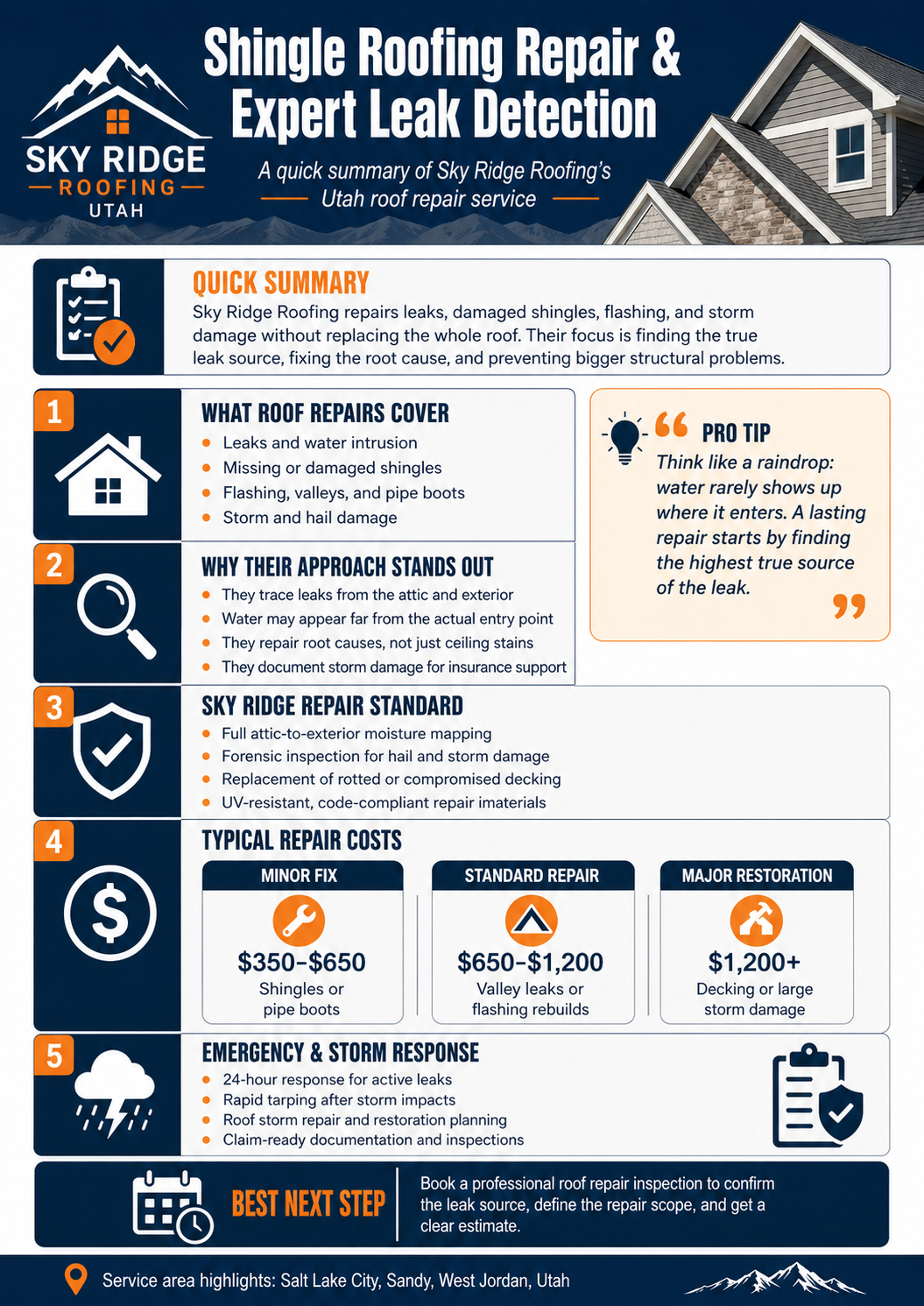 Sky Ridge Roof Repair Infographic - Shingle Roofing Repair & Expert Leak Detection Guide
